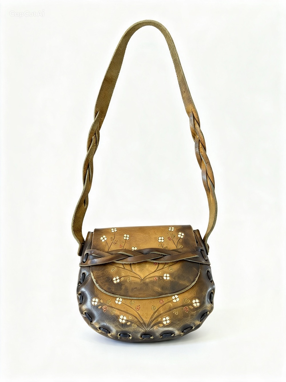 Vintage 70s Hand Tooled Leather Floral Crossbody Bag Made in Mexico